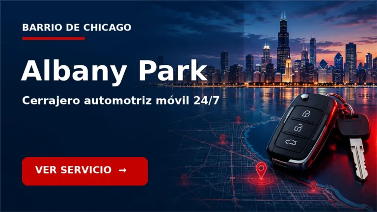 Tarjeta de cerrajero de carros en Albany Park, Chicago, con skyline de Chicago y llave de carro. Servicio móvil 24/7.
