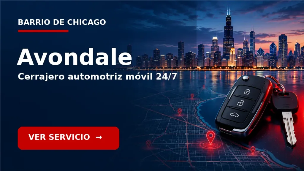 Tarjeta de cerrajero de carros en Avondale, Chicago, con skyline de Chicago y llave de carro. Servicio móvil 24/7.