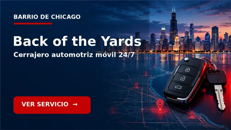 Tarjeta de cerrajero de carros en Back of the Yards, Chicago, con skyline de Chicago y llave de carro. Servicio móvil 24/7.
