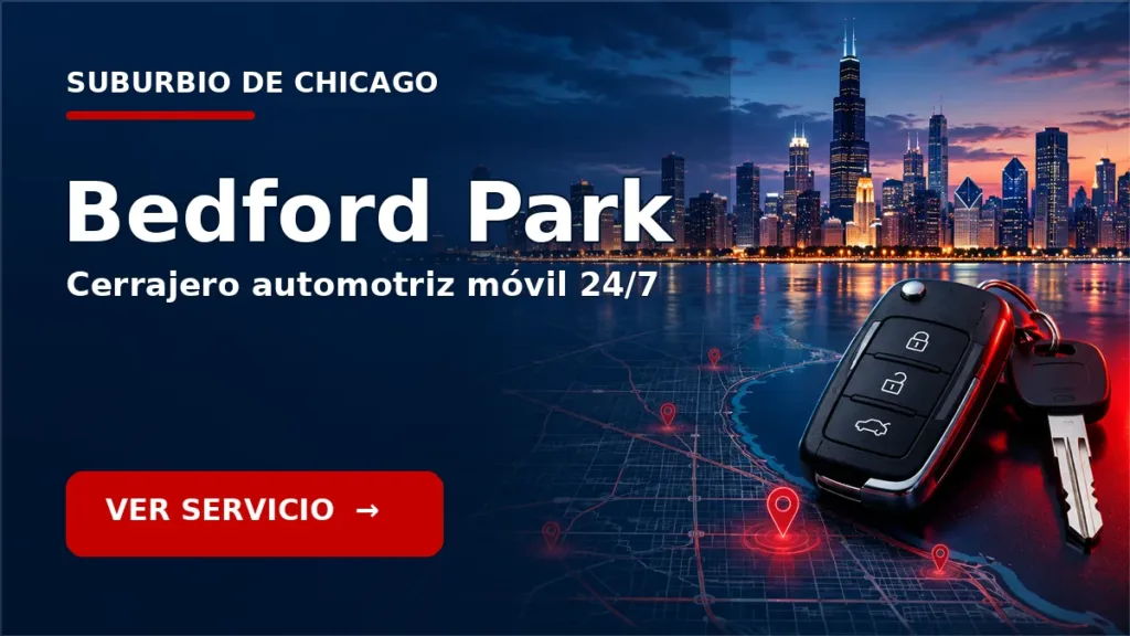 Tarjeta de cerrajero de carros en Bedford Park, Illinois, con skyline de Chicago y llave de carro. Servicio móvil 24/7.