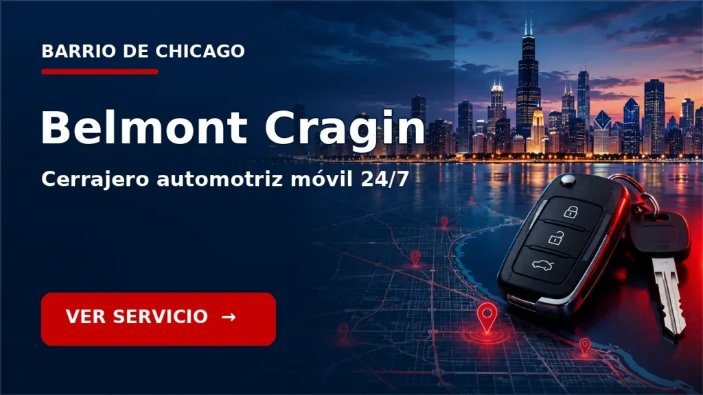 Tarjeta de cerrajero de carros en Belmont Cragin, Chicago, con skyline de Chicago y llave de carro. Servicio móvil 24/7.