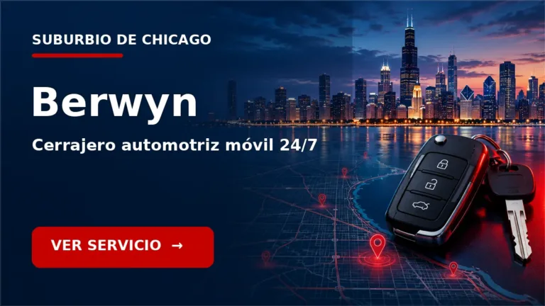 Tarjeta de cerrajero de carros en Berwyn, Illinois, con skyline de Chicago y llave de carro. Servicio móvil 24/7.