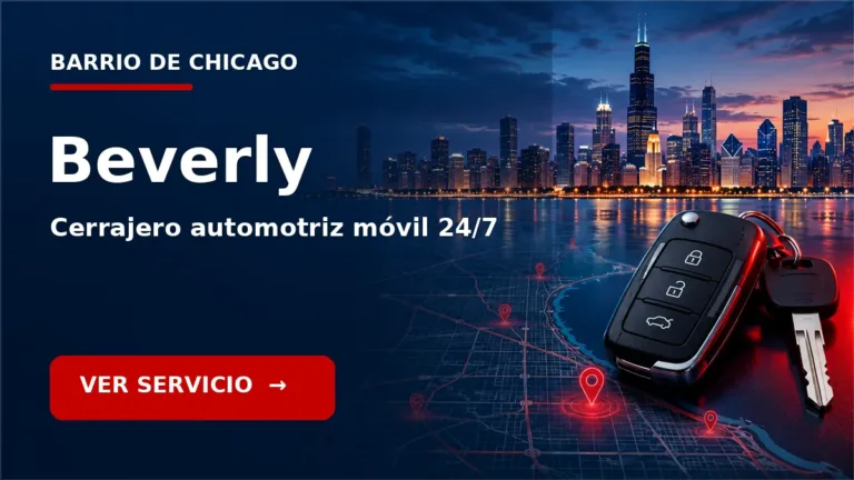 Tarjeta de cerrajero de carros en Beverly, Chicago, con skyline de Chicago y llave de carro. Servicio móvil 24/7.