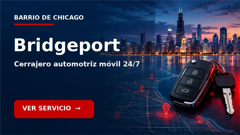 Tarjeta de cerrajero de carros en Bridgeport, Chicago, con skyline de Chicago y llave de carro. Servicio móvil 24/7.