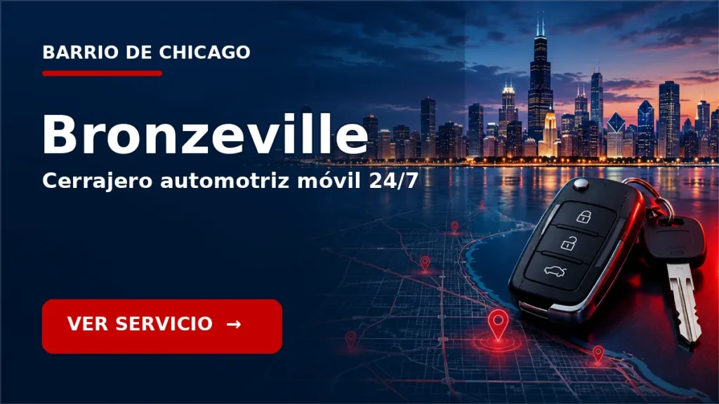 Tarjeta de cerrajero de carros en Bronzeville, Chicago, con skyline de Chicago y llave de carro. Servicio móvil 24/7.
