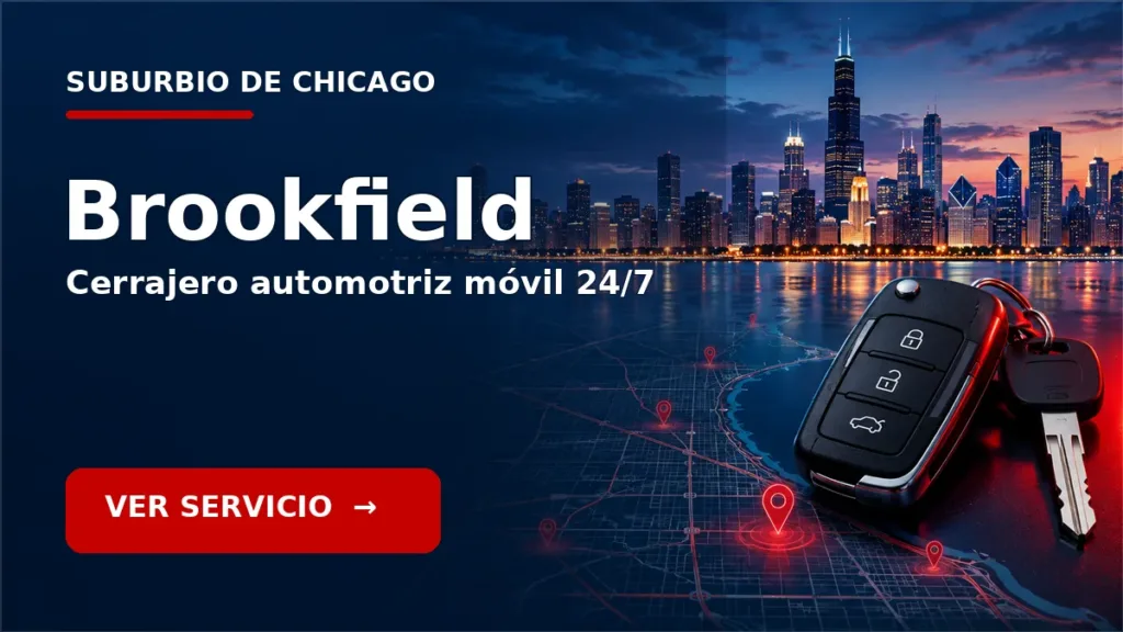 Tarjeta de cerrajero de carros en Brookfield, Illinois, con skyline de Chicago y llave de carro. Servicio móvil 24/7.