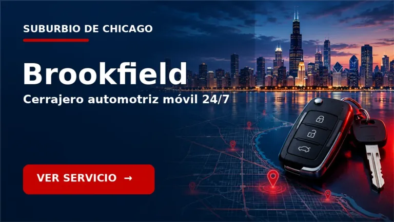 Tarjeta de cerrajero de carros en Brookfield, Illinois, con skyline de Chicago y llave de carro. Servicio móvil 24/7.