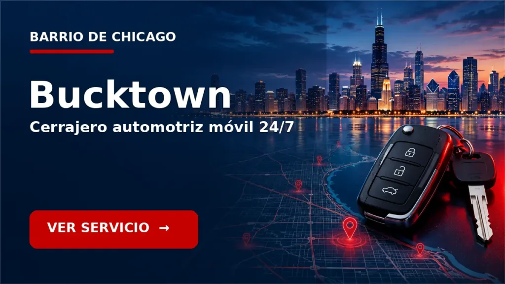 Tarjeta de cerrajero de carros en Bucktown, Chicago, con skyline de Chicago y llave de carro. Servicio móvil 24/7.