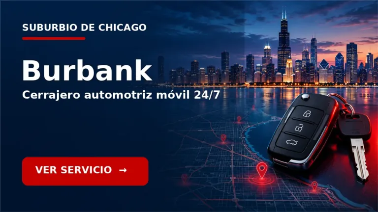 Tarjeta de cerrajero de carros en Burbank, Illinois, con skyline de Chicago y llave de carro. Servicio móvil 24/7.