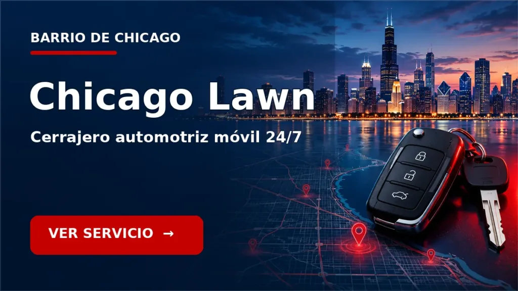Tarjeta de cerrajero de carros en Chicago Lawn, Chicago, con skyline de Chicago y llave de carro. Servicio móvil 24/7.