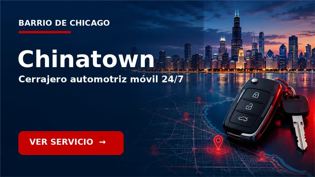 Tarjeta de cerrajero de carros en Chinatown, Chicago, con skyline de Chicago y llave de carro. Servicio móvil 24/7.