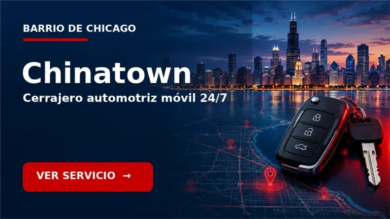 Tarjeta de cerrajero de carros en Chinatown, Chicago, con skyline de Chicago y llave de carro. Servicio móvil 24/7.