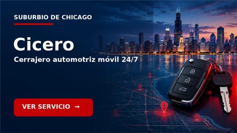 Tarjeta de cerrajero de carros en Cicero, Illinois, con skyline de Chicago y llave de carro. Servicio móvil 24/7.