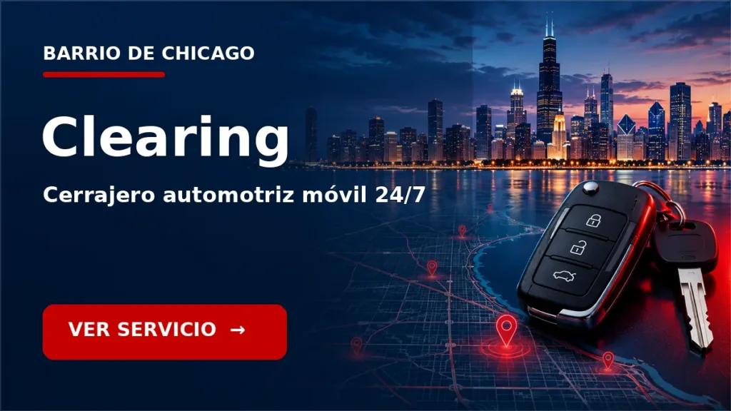 Tarjeta de cerrajero de carros en Clearing, Chicago, con skyline de Chicago y llave de carro. Servicio móvil 24/7.