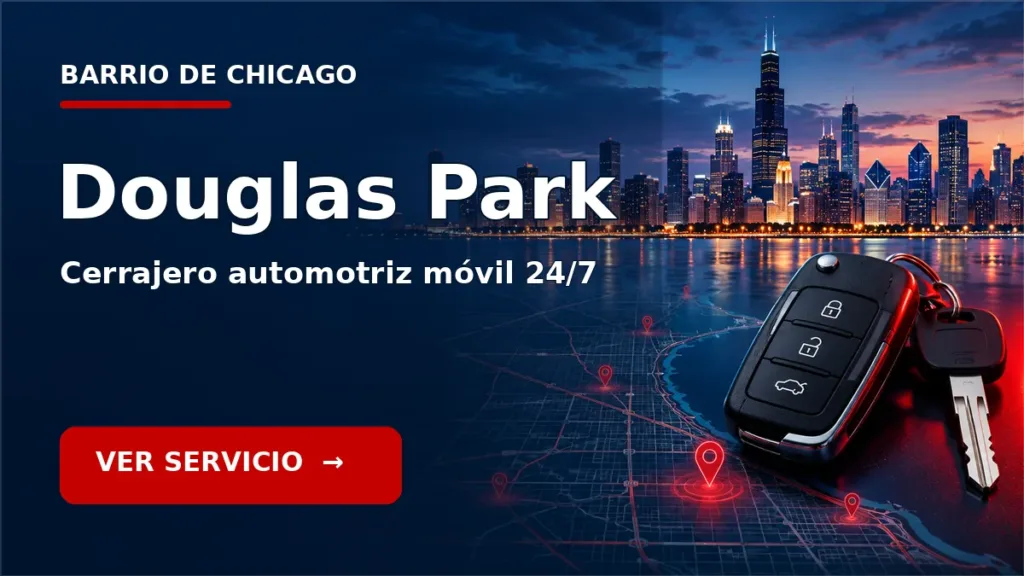 Tarjeta de cerrajero de carros en Douglas Park, Chicago, con skyline de Chicago y llave de carro. Servicio móvil 24/7.