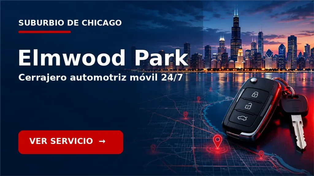 Tarjeta de cerrajero de carros en Elmwood Park, Illinois, con skyline de Chicago y llave de carro. Servicio móvil 24/7.