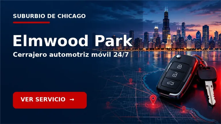 Tarjeta de cerrajero de carros en Elmwood Park, Illinois, con skyline de Chicago y llave de carro. Servicio móvil 24/7.