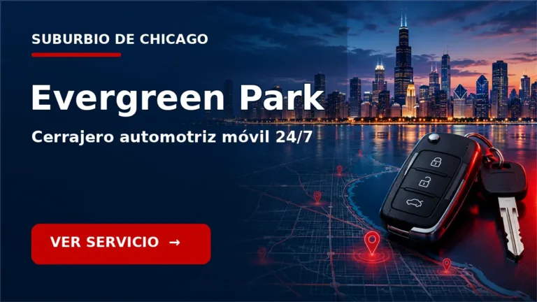 Tarjeta de cerrajero de carros en Evergreen Park, Illinois, con skyline de Chicago y llave de carro. Servicio móvil 24/7.