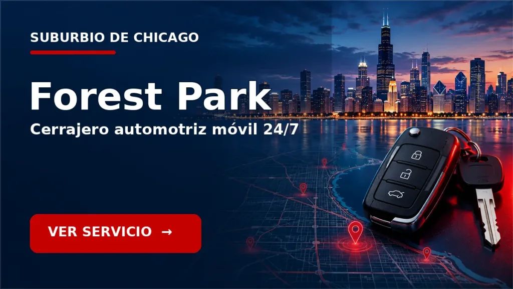 Tarjeta de cerrajero de carros en Forest Park, Illinois, con skyline de Chicago y llave de carro. Servicio móvil 24/7.