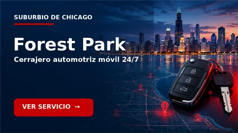 Tarjeta de cerrajero de carros en Forest Park, Illinois, con skyline de Chicago y llave de carro. Servicio móvil 24/7.