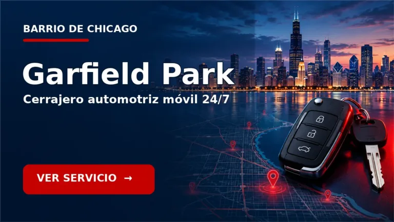 Tarjeta de cerrajero de carros en Garfield Park, Chicago, con skyline de Chicago y llave de carro. Servicio móvil 24/7.