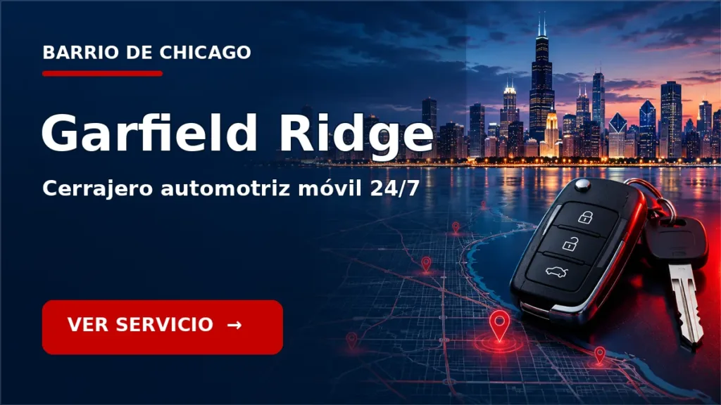 Tarjeta de cerrajero de carros en Garfield Ridge, Chicago, con skyline de Chicago y llave de carro. Servicio móvil 24/7.