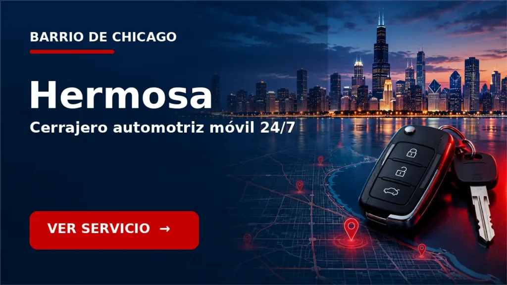 Tarjeta de cerrajero de carros en Hermosa, Chicago, con skyline de Chicago y llave de carro. Servicio móvil 24/7.