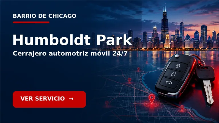 Tarjeta de cerrajero de carros en Humboldt Park, Chicago, con skyline de Chicago y llave de carro. Servicio móvil 24/7.
