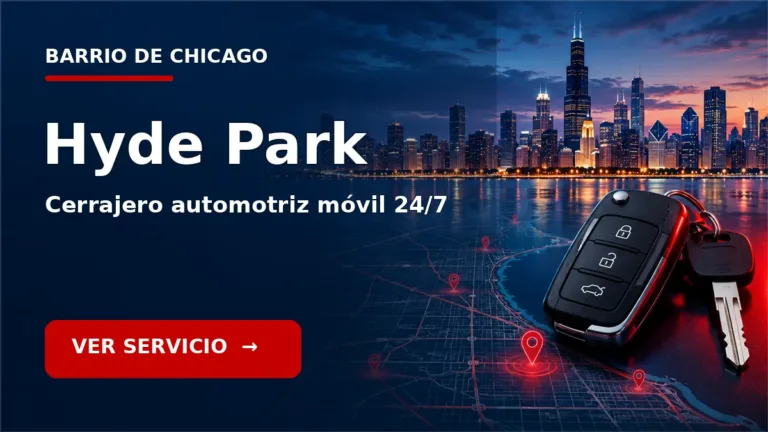Tarjeta de cerrajero de carros en Hyde Park, Chicago, con skyline de Chicago y llave de carro. Servicio móvil 24/7.