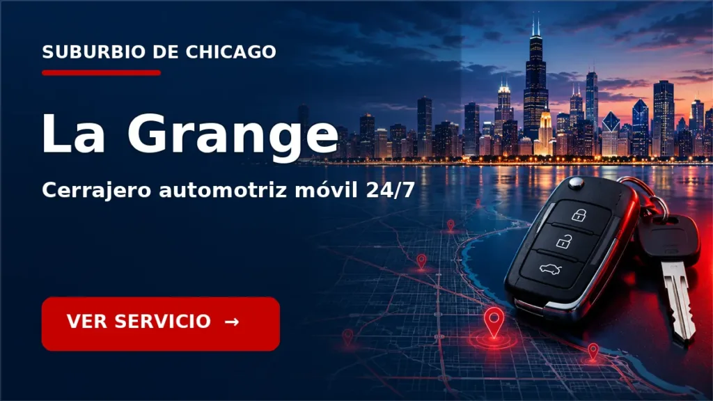Tarjeta de cerrajero de carros en La Grange, Illinois, con skyline de Chicago y llave de carro. Servicio móvil 24/7.
