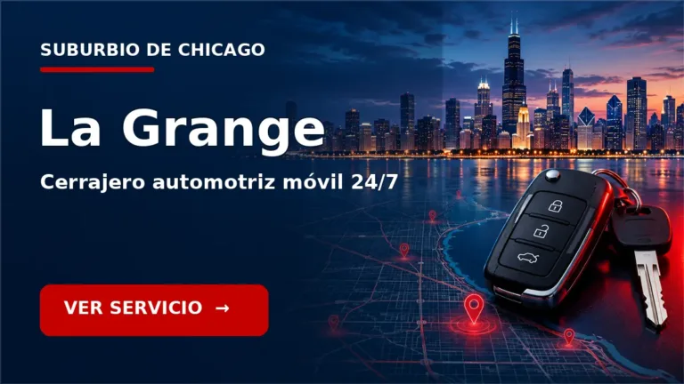 Tarjeta de cerrajero de carros en La Grange, Illinois, con skyline de Chicago y llave de carro. Servicio móvil 24/7.