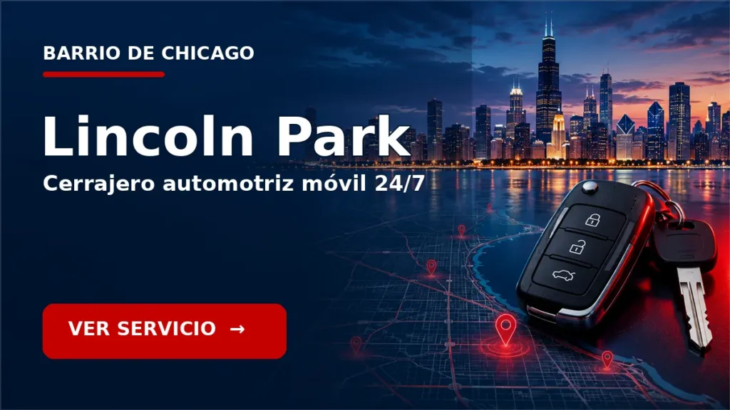 Tarjeta de cerrajero de carros en Lincoln Park, Chicago, con skyline de Chicago y llave de carro. Servicio móvil 24/7.