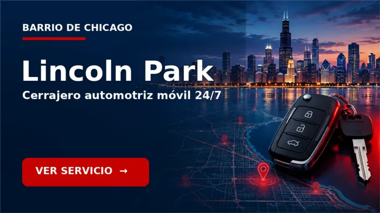 Tarjeta de cerrajero de carros en Lincoln Park, Chicago, con skyline de Chicago y llave de carro. Servicio móvil 24/7.