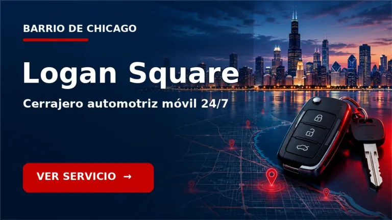 Tarjeta de cerrajero de carros en Logan Square, Chicago, con skyline de Chicago y llave de carro. Servicio móvil 24/7.