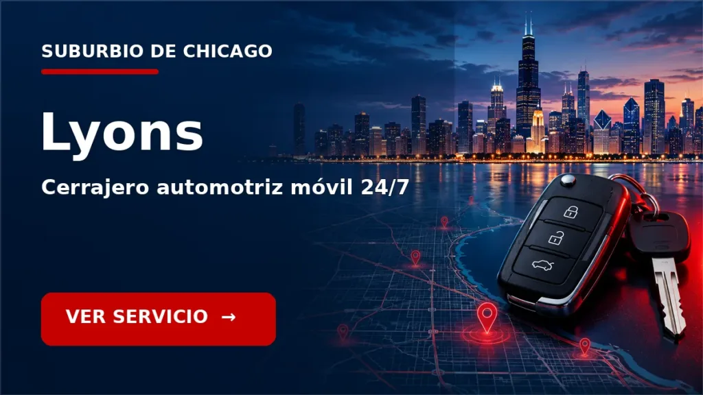 Tarjeta de cerrajero de carros en Lyons, Illinois, con skyline de Chicago y llave de carro. Servicio móvil 24/7.