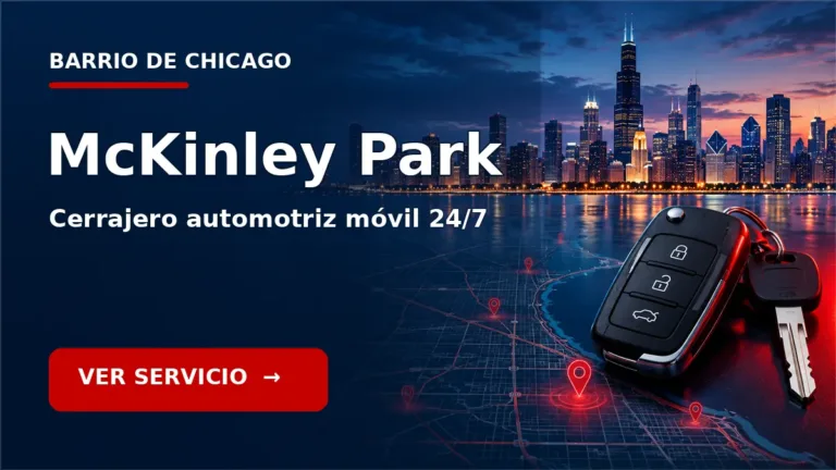 Tarjeta de cerrajero de carros en McKinley Park, Chicago, con skyline de Chicago y llave de carro. Servicio móvil 24/7.