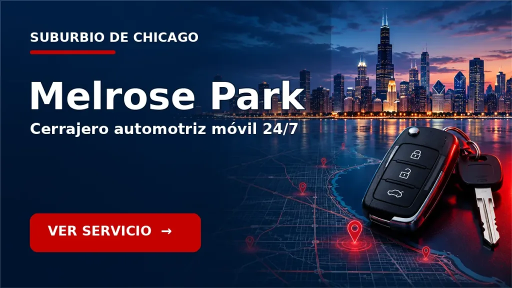 Tarjeta de cerrajero de carros en Melrose Park, Illinois, con skyline de Chicago y llave de carro. Servicio móvil 24/7.