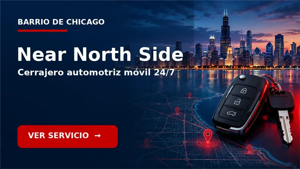 Tarjeta de cerrajero de carros en Near North Side, Chicago, con skyline de Chicago y llave de carro. Servicio móvil 24/7.