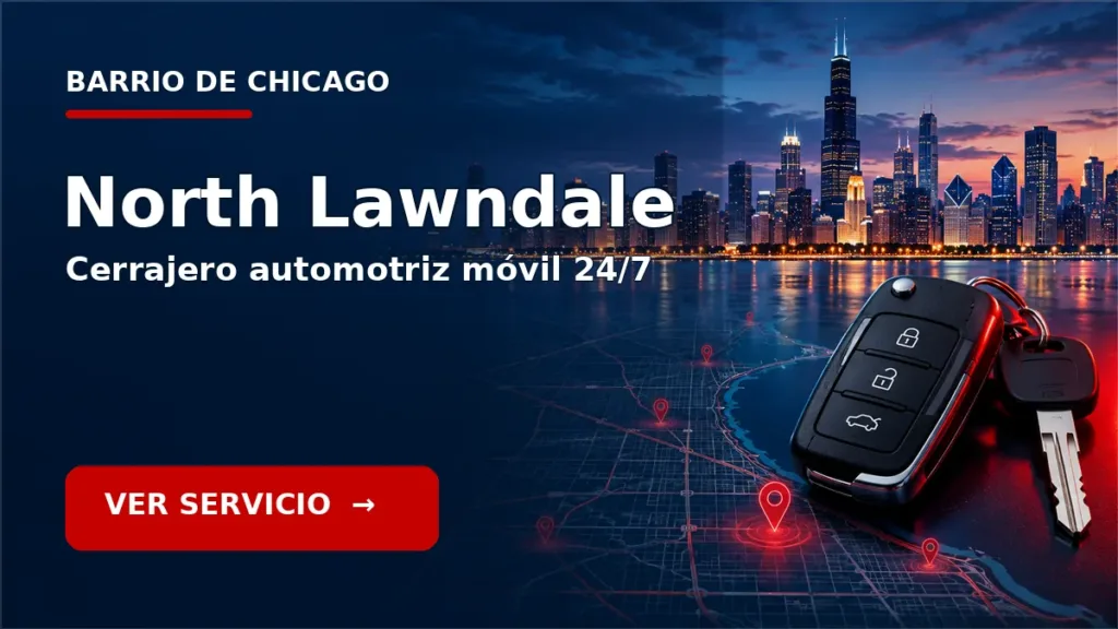Tarjeta de cerrajero de carros en North Lawndale, Chicago, con skyline de Chicago y llave de carro. Servicio móvil 24/7.