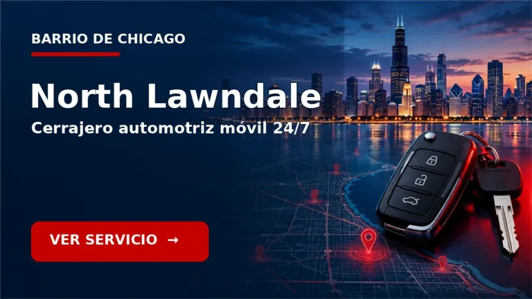 Tarjeta de cerrajero de carros en North Lawndale, Chicago, con skyline de Chicago y llave de carro. Servicio móvil 24/7.