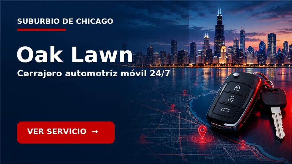 Tarjeta de cerrajero de carros en Oak Lawn, Illinois, con skyline de Chicago y llave de carro. Servicio móvil 24/7.