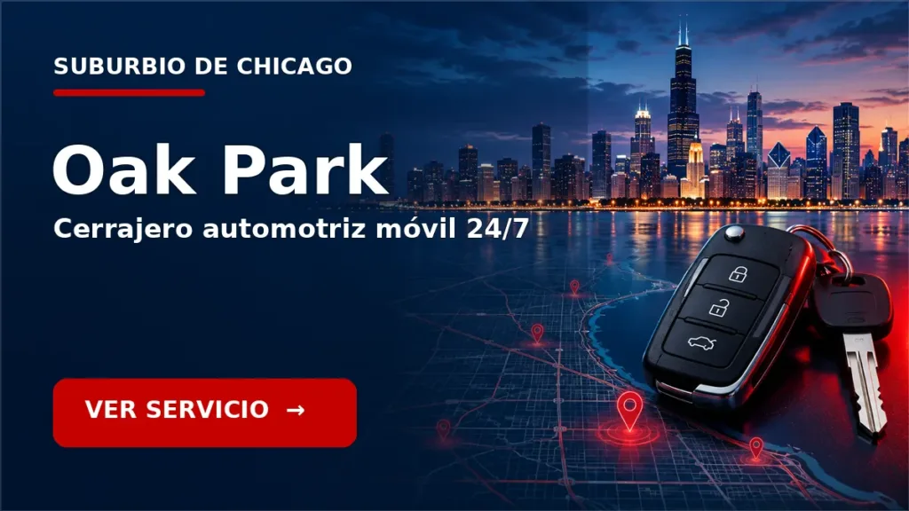Tarjeta de cerrajero de carros en Oak Park, Illinois, con skyline de Chicago y llave de carro. Servicio móvil 24/7.