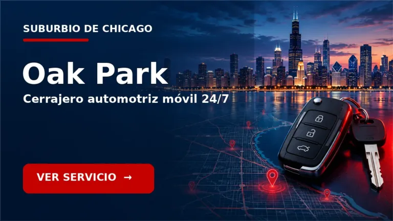 Tarjeta de cerrajero de carros en Oak Park, Illinois, con skyline de Chicago y llave de carro. Servicio móvil 24/7.