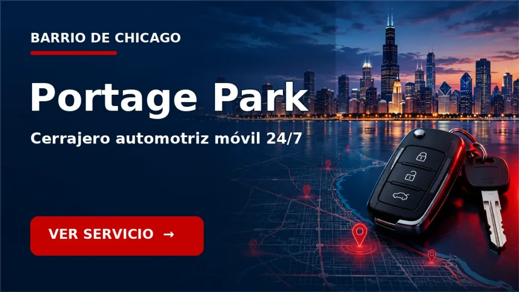 Tarjeta de cerrajero de carros en Portage Park, Chicago, con skyline de Chicago y llave de carro. Servicio móvil 24/7.