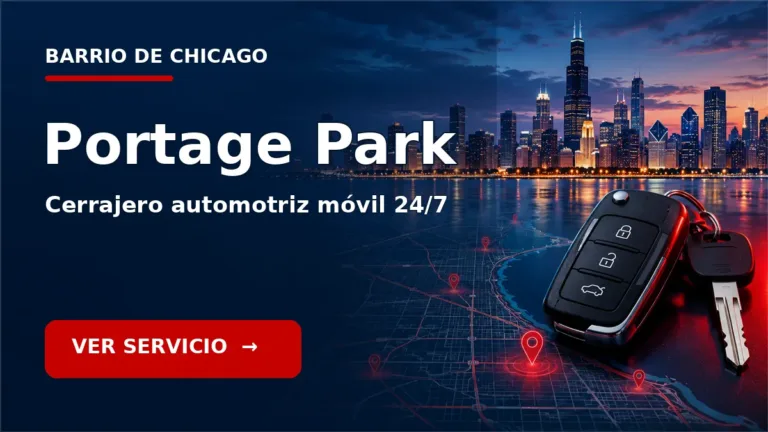Tarjeta de cerrajero de carros en Portage Park, Chicago, con skyline de Chicago y llave de carro. Servicio móvil 24/7.