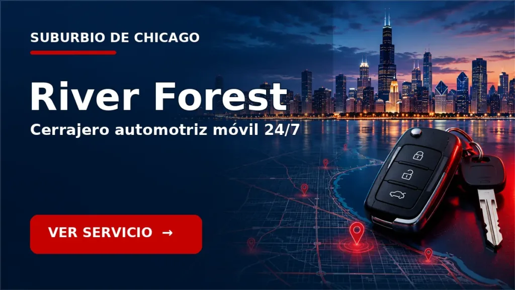 Tarjeta de cerrajero de carros en River Forest, Illinois, con skyline de Chicago y llave de carro. Servicio móvil 24/7.