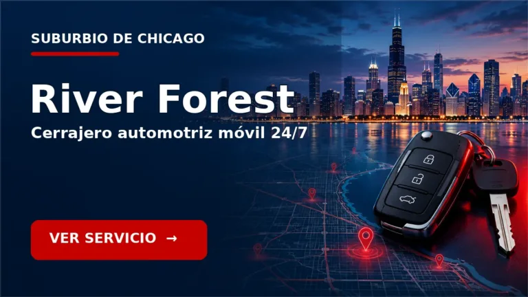 Tarjeta de cerrajero de carros en River Forest, Illinois, con skyline de Chicago y llave de carro. Servicio móvil 24/7.