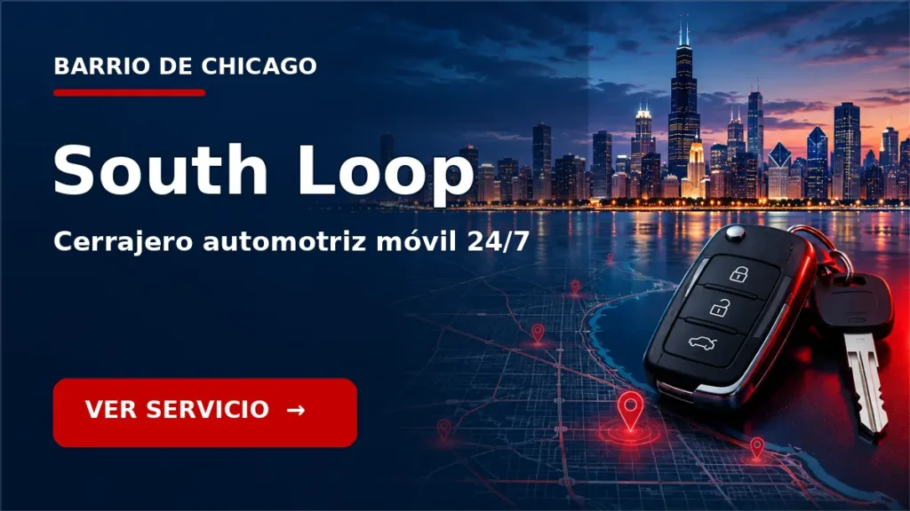 Tarjeta de cerrajero de carros en South Loop, Chicago, con skyline de Chicago y llave de carro. Servicio móvil 24/7.