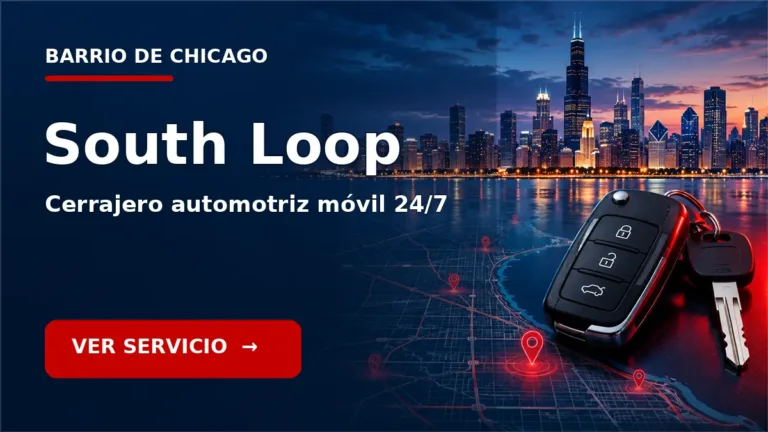 Tarjeta de cerrajero de carros en South Loop, Chicago, con skyline de Chicago y llave de carro. Servicio móvil 24/7.
