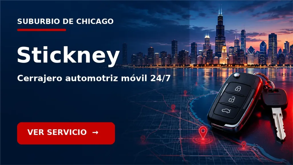 Tarjeta de cerrajero de carros en Stickney, Illinois, con skyline de Chicago y llave de carro. Servicio móvil 24/7.